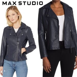 Max Studio Navy Moto Leather Jacket